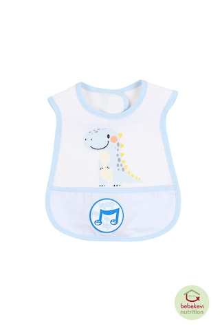 Düdüklü Cepli Sıvama Mama Önlüğü - Smiling Dino Mavi Bebek Önlüğü Açık Mavi
