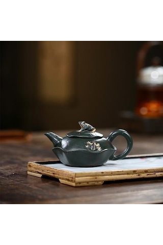 Çaydanlık El Yapımı Lotus Kurbağa Çamur Yeşil Kung Fu Su Isıtıcısı Yaratıcı Çayware Çaydanlıklar Altın - Beyaz