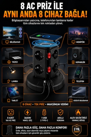 3680w Akım Korumalı Kule Priz 8 Ac Priz 1 Usb 2 Type-c Çoklu Priz Ev Ofis Kullanımı