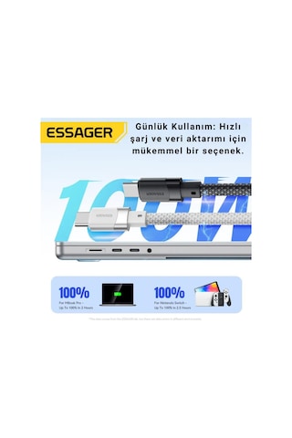 Essager 1 Metre Pd 100w Manyetik Süper Hızlı Type C To Type C Şarj Data Kablosu, Akım, Isı Korumalı
