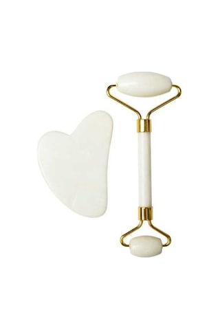 Dm Doğal Yeşim Çift Kafa Masaj Silindiri + Guaşa Tahta Yüz Zayıflama & Yaşlanma Karşıtı Bakım Seti - Stil B Altın Altın