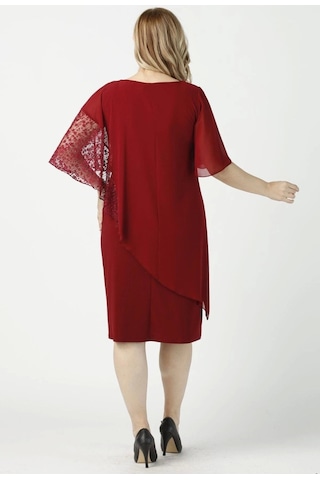 Moda Berray 4051 Bordo Pelerinli Esnek Kumaş Büyük Beden Elbise Bordo