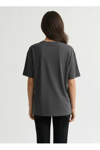 Enva Store Kadın Oversize Fit Yuvarlak Yaka Modal Basic T-shirt Tişört Antrasit