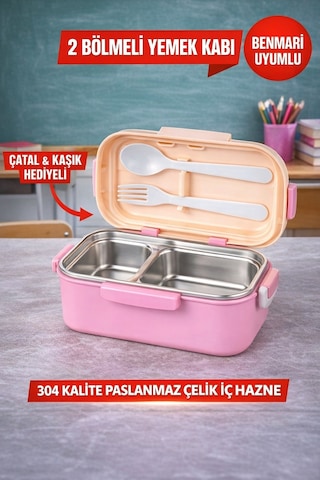 Pembe Benmarili Paslanmaz Çelik Yemek Kabı 2 Bölmeli Beslenme Kabı Saklama Kabı Lunch Box Diğer