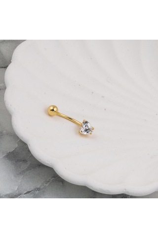 Kalp Tektaşlı Altın Göbek Piercing 14 Ayar Sarı