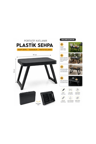 10 Adet Küçük 47x33cm Kamp - Piknik Masası Siyah Plastik Katlanabilir Ayaklı 38cm Bx40 Açık Gri