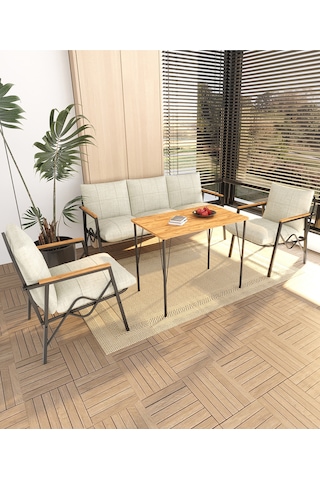 Doruk Home Balkon, Bahçe, Cafe, Metal Kanepe Koltuk Takımı , Bahçe Mobilyası, 90x50 Masalı - 3 1 1 Krem Krem Bej
