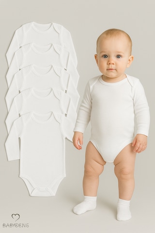 Babyden's 5 Li Set Uzun Kollu Bebek Zıbın Beyaz %100 Pamuk Çıtçıtlı Body Unisex 0-24 Ay İç Giyim Beyaz
