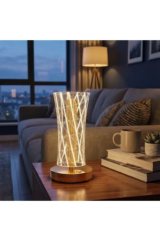 Silindirik Kristal Çizgi Model Led Masa Lambası Gold Tabanlı, Dokunmatik, 3 Renk Işık Modlu, Şarjlı Modern De Renkli