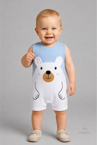 Babyden's Erkek Bebek Yazlık Ayıcık Baskılı Fitilli Tulum %100 Pamuk Kolsuz Şort Tulum Yenidoğan Bebek Romper 0-9 Ay Mavi