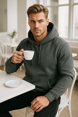 Rich Erkek Füme Pamuklu Cep Detaylı Kapüşonlu Sweatshirt Füme