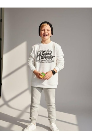 Zekids Erkek Çocuk Good Humor Yazılı Uzun Kollu İnce Triko T-shirt-16647 Beyaz
