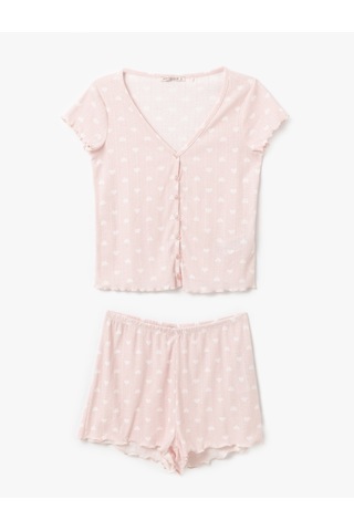 Koton Kalpli Pamuklu Kadın Şortlu Pijama Takımı Pembe Desenli 5slk40060mk Pembe Desenli Pembe