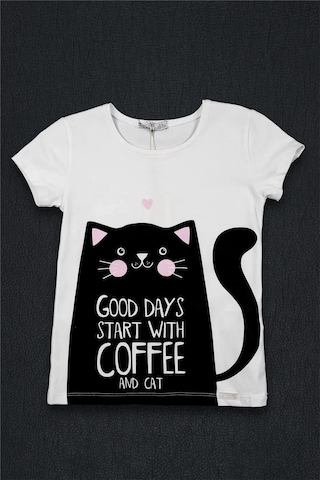Kız Bebek Beyaz Siyah Kedi Detaylı Yazlık Tişört Beyaz
