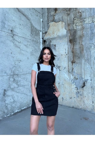 Shevega Kadın Siyah Ucu Kesik Kanguru Cep Etekli Bahçivan Kot Tulum Siyah