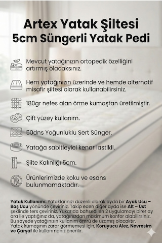 Artex Yer Yatağı 5cm Sünger Şilte Ped Yatak Şiltesi Pedi Topper Sade Mattress Çift Kişilik