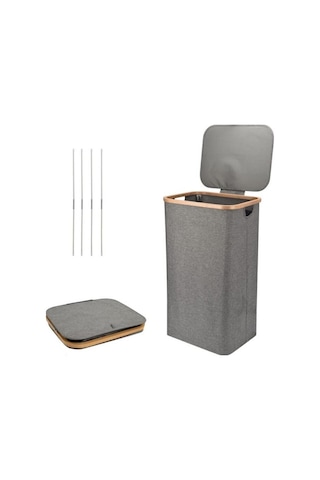 Mien Bambu Kenarlı Kumaş Katlanabilir 100 Lt Çamaşır Sepeti 44x33x70 Gri