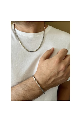 Küp Üçgen Model Kararmaz Çelik Unisex Kolye Ve Bileklik Set Silver