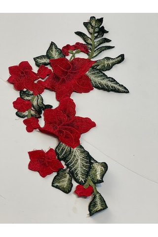38x19 Cm Nakış Işleme Kırmızı Gül Güpür Yama Aplik