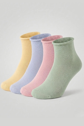 Socketta 4'lü Karışık Renkli Kadın Bambu Dikişsiz Lastiksiz Esnek Kısa Konç Çorap - Premium Çağla Yeşili-açık Sarı-lila-açık Pembe