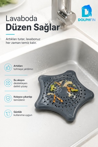Yıldız Şekilli Lavabo Gider Süzgeci Saç Ve Atık Tutucu Gri