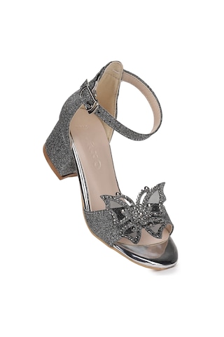 Kiko Kids Zete Kum Simli Kız Çocuk 4 Cm Topuklu Sandalet Abiye Ayakkabı Platin Platin