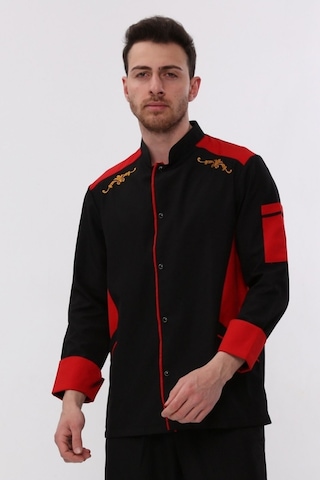 Uniprom Uzun Kollu Aşçı Ceketi Önlük Nakışlı Cepli Şef, Garson Siyah - Kırmızı