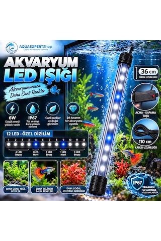 Akvaryum Işığı - Balık Işığı - 36 Cm - 12 Led - Mavi Beyaz - Açma Kapatma Tuşlu - 6w - Güçlü Işık