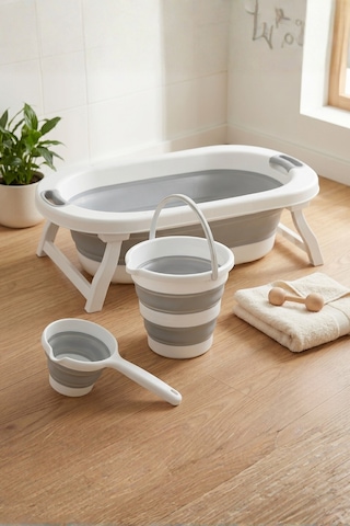 Katlanır Bebek Yıkama Seti 30 Lt Küvet 12 Lt Kova 1 Lt Maşrapa Taşınabilir Bebek Banyo Küveti