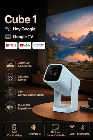 Wanbo Cube1 Projeksiyon Cihazı-dahili Android Tv 11.0 Widevine L1 Sertifikalı & 8w Hoparlör - Açık Mavi