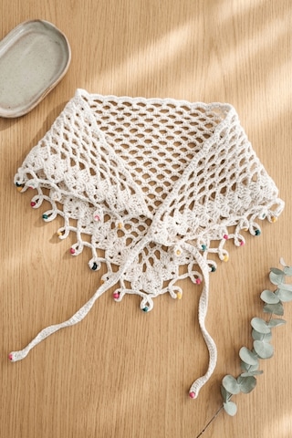 %100 El Örgüsü Boncuklu Bohem Kadın Bandana Saç Aksesuarı Krem