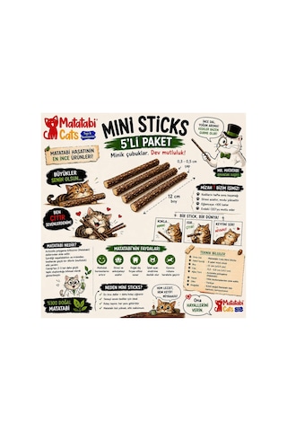 Mini Sticks 5 Li Doğal İnce Matatabi Çubuğu Kedi Oyuncağı İnce Çiğneme Çubuğu Kedi Diş Bakımı 12 Cm