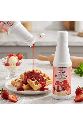 Ovalette Topping Çilek Sosu 1 Kg Waffle, Pancake, Tatlı Ve İçecekler İçin Yoğun Çilek Aromalı Topping