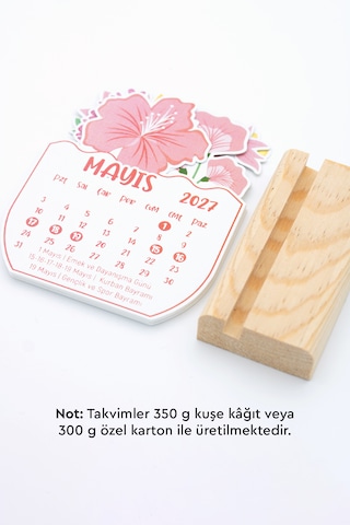 Ahşap Standlı Özel Kesim Botanik Çiçekli 2027 Masaüstü Takvimi 8,5x11 Cm - Zarif Yılbaşı Hediyesi Çok Renkli