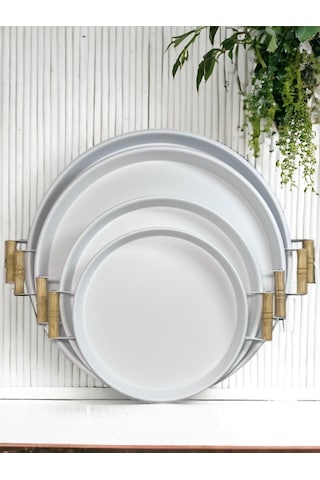 Metal 4 Lü 51 37 45 30 Cm Beyaz Ahşap Kulplu Yuvarlak Tepsi Seti, Kahvaltı Tepsisi 4lüset Beyaz