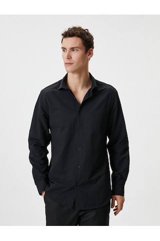 Koton Slim Fit Gömlek Yarım İtalyan Yaka Düğmeli Dokulu Siyah 4sam60015hw 4SAM60015HW999 Siyah