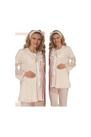 Mecit Pijama Mecit 1806 Hamile Lohusa Dantel Sabahlıklı Pijama Sabahlık Takım-S