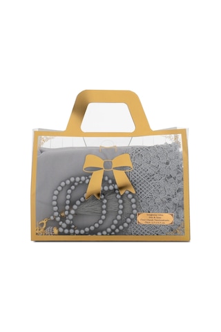 İğne Oyalı Şal 144x68 Cm + Tesbih Hediye Seti Asetat Çantalı, Gri