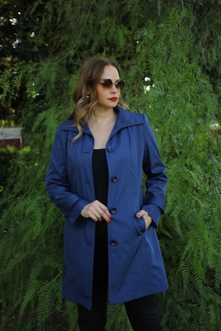 1671 Kolu Düğme Detaylı Uzun Kapişonlu Saks Büyük Beden Kadın Ceket Saks