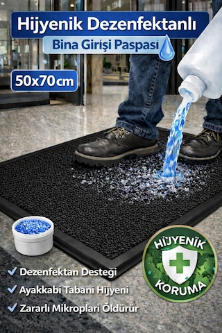 Myfloor Renkli Dezenfektan 50x70 Cm Kıvırcık Paspaslı Hijyenik Kauçuk Paspas Siyah