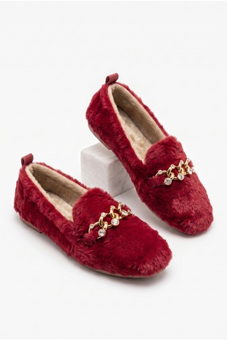 Nmoda Kadın Peluş Panduf Gold Zincir Taşlı Aksesuarlı Kapalı Loafer Yumuşak Tabanlı Kışlık Rahat Babet Kırmızı