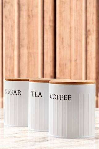 3 Lü Ahşap Kapaklı Metal Saklama Kutusu Çay Kahve Şeker Kavanoz Saklama Kabı Beyaz