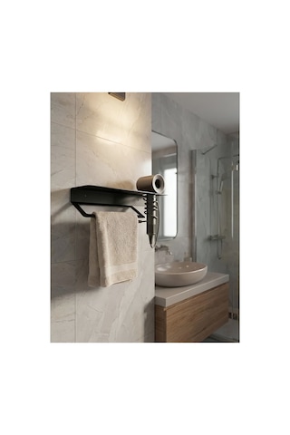 Premium Seri , Modern Paslanmaz Metal Banyo Havluluğu Ve Saç Kurutma Makine Askısı Banyo Organizeri Siyah Premium Seri , Modern Paslanmaz Metal Banyo Havluluğu Ve Saç Kurutma Makine Askısı Banyo Organizeri Siyah