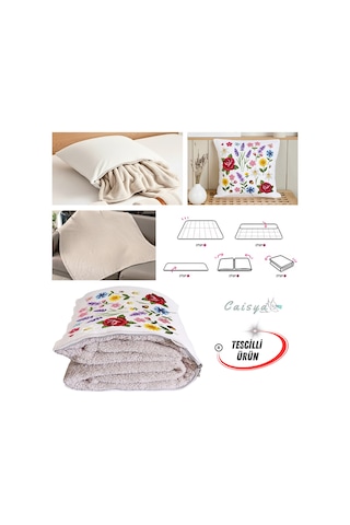 Nakış İşleme Çiçekler Efektli Baskılı Tv Battaniyesi Olabilen Dekoratif Yastık Kırlent Battaniye Çok Renkli