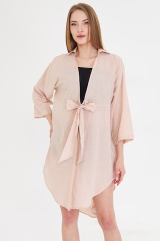 Armonika Kadın Pudra Önden Bağlamalı İnce Keten Kumaş Midi Boy Kimono Gömlek Arm-24y001081