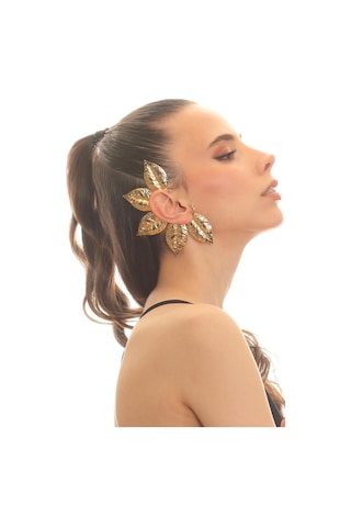 Kadın Altın Renk Lak Kaplama Zirkon Taşlı Dokulu Yaprak Stilizesi Sağ Kulak Earcuff&kıkırdak Küpe Çok Renkli