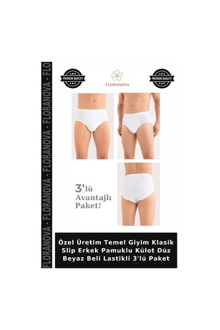 Floranova Özel Üretim Temel Giyim Klasik Slip Erkek Pamuklu Külot Düz Beyaz Beli Lastikli 3'lü Paket Beyaz-3