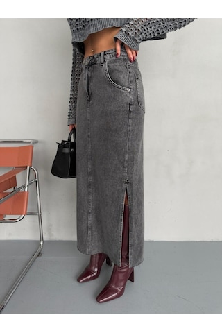 Zeo Basic Yanlardan Yırtmaçlı Füme Jean Maxi Etek Siyah/Füme
