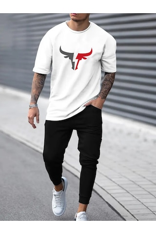 Unisex Boğa Baskılı Eşofman Takımı Beyaz