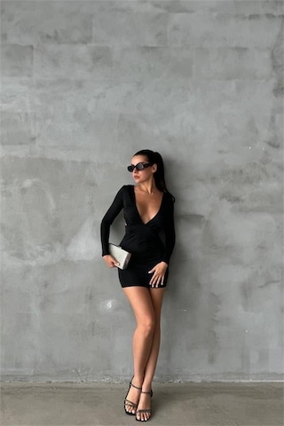 Dip Moda Kadın Bel Ve Göğüs Dekolteli Mini Elbise Dpnbdf085 Siyah